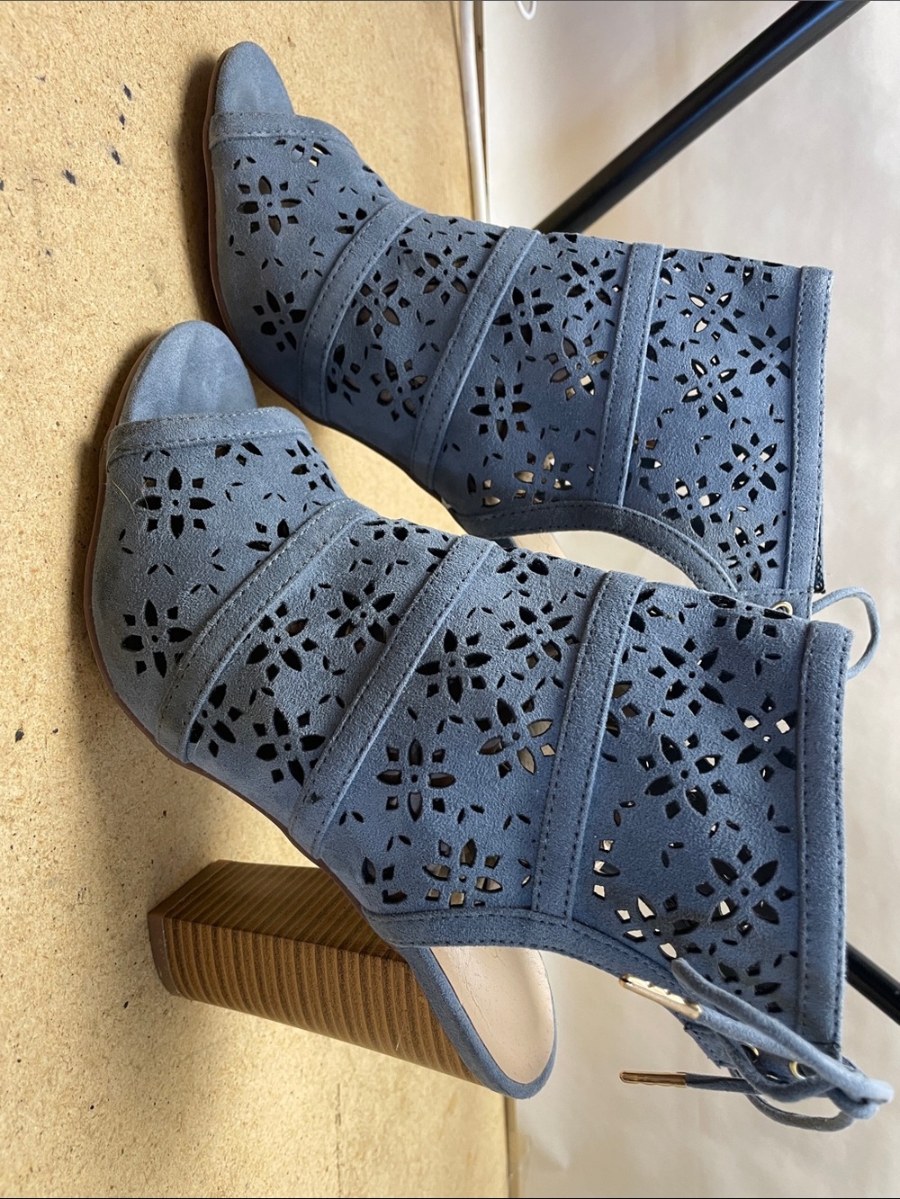 Shoe Dazzle Charity Blue Laser-Cut Suede Block Heel Booties